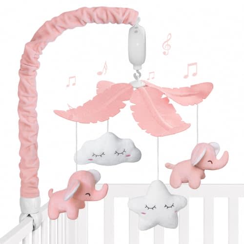 FEISIKE Mobile for Crib Bassinet Girls Baby Mobiles with 3 Modes Digital Music Box（Turn Only, Music Only, Turn & Music, 35 Lullabies, Pink Elephant Nursery Mobile, Clamp Type, Pretty Box Packaging