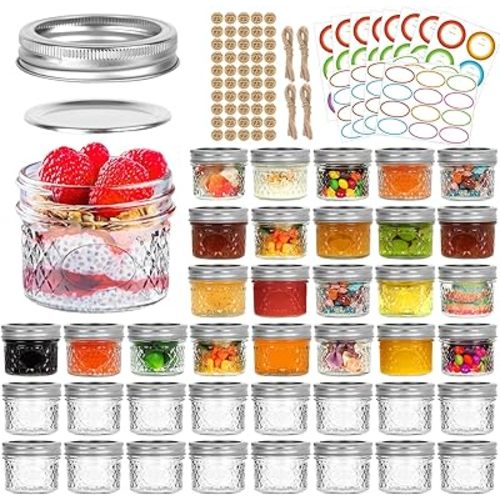 Mini Mason Jars 4 oz 40 Pack, Regular Mouth Mason Jar with Lids and Seal Bands, Small Glass Canning Jar for Spice, Jam, Honey, Jelly, Dessert, Shower Wedding Favors, DIY Candles Decor