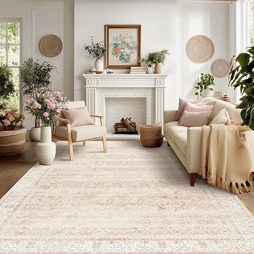 Blush Pink Floral Rug 5x8 Washable Vintage Distressed Rugs for Bedroom