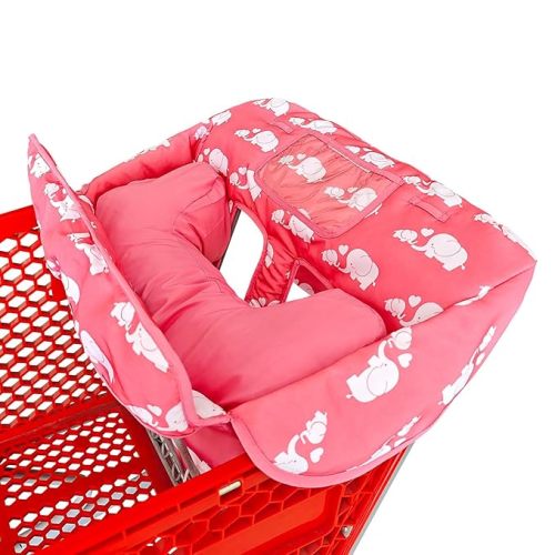 Love&go Soft Pillow Attached 2-in-1 Shopping Cart and High Chair Cover for Baby, Cotton Padded Cart Cover, Fold'n Roll Style, Portable with Carry Bag (Pink Elephant)