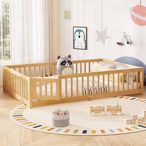 Bellemave Queen Floor Bed Frame with Rails and Door, Solid Wood Montessori Queen Size Floor Bed for Kids, Low Profile Montessori Beds with Removable Slats, Natural
