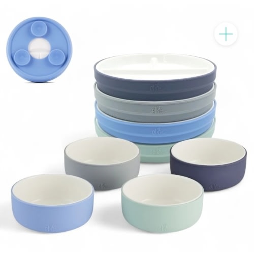 Kids Porcelain Mealtime Bundle | Suction Sleeves | 7.8" Plates + Bowls | 8 Pcs | Sage/Misty Blue/Navy/Gray
