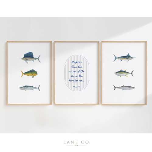 Fishing Nursery Wall Art Set of 3, Christian Saltwater Fish Prints, Bible Verse Nursery Art, Coastal Boy Nursery