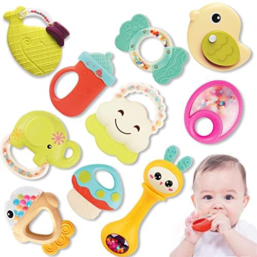 Baby Rattle Teething Toys for Babies 0-6-12 Months 10Pcs, Early Educational Infant Toys Gift Set for Boy Girl 3-6 Months, Newborn Sensory Toys Teether, Grab Shaker, Tummy Time Rattle with Storage Box