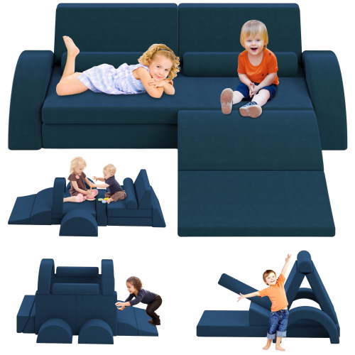 PORKISS 11 PCS Kids Sofa Couch, Foam Modular Kids Play Couch for Boys Girls, Creativing Toddler Sofa Couch for Aged 2+, Modern Floor Couch for Playroom, Bedroom,Gifts, Blue