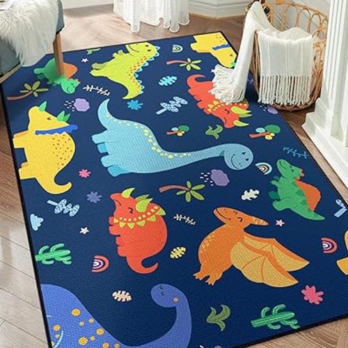 Cute Cartoon Dinosaur Rug for Bedroom 59"x39" Bedroom Playroom Decor for Kids Lovely Dinosaur Animal Pattern Carpet Blue Rug Non-Slip Washable