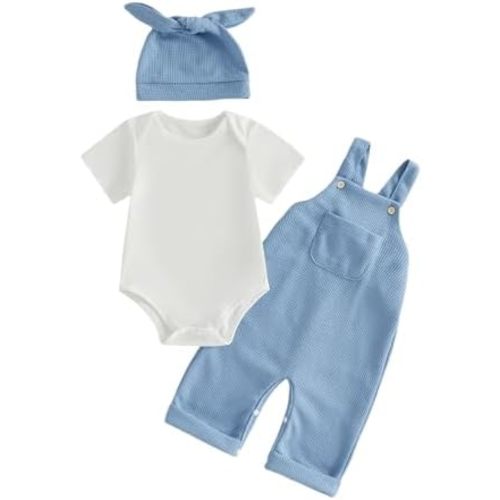 Newborn Baby Boy Clothes Summer Outfit Solid Color Short Sleeve Romper Waffle Suspender Shorts Overall Set 3Pcs