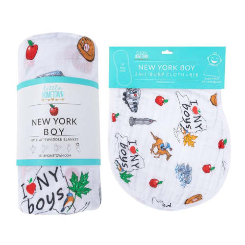 Gift Set: New York Baby Boy Muslin Swaddle Blanket and Burp Cloth/Bib Combo Hospital Coming Home Essential