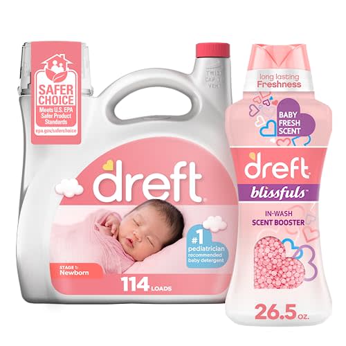 Baby Laundry Gift Set of Dreft Stage 1: Newborn Baby Liquid Laundry Detergent, 114 loads, 165 fl oz + Dreft Blissfuls Laundry Scent Booster Beads for Washer, Baby Fresh Scent, 26.5 oz