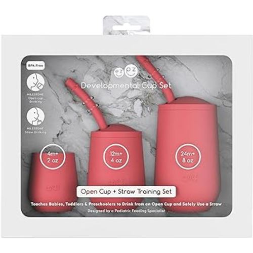 ezpz Developmental Cup Set (Coral) - 100% Silicone - Teaches Babies, Toddlers, and Preschoolers to Drink from an Open Cup and Safely Use a Straw - Designed by a Pediatric Feeding Specialist