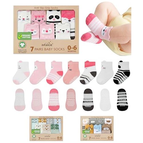 Organic Cotton GOTS Certified Non-Slip Baby Socks 0-6 Months - 7 Pairs Soft Breathable Newborn Socks Animal Design For Infant