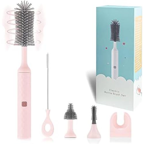 Electric Baby Bottle Cleaner Kit with Rechargeable Electric Bottle Brush Cleaner, 3 Piece Silicone Bottle Brush and Straw Brush, Multipurpose Automatic Bottle Cleaner, Pink