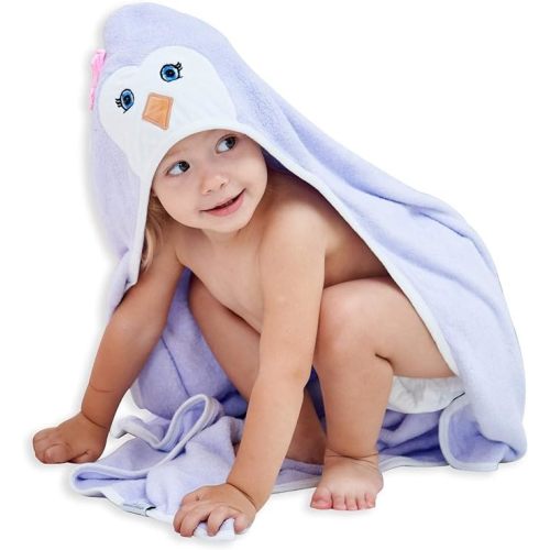 HIPHOP PANDA Hooded Towel - Rayon Made from Bamboo, Bath Towel with Bear Ears for Newborn, Babie, Toddler, Infant - Absorbent Large Baby Towel - Purple Penguin, 30 x 30 Inch
