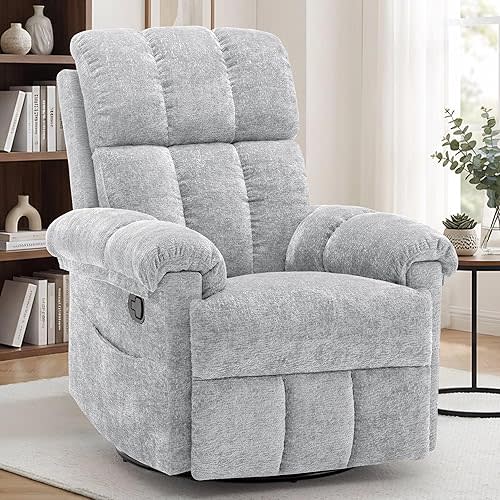 Recliner Chair, Swivel Rocker Recliner Chair for Adults, Small Recliners for Small Spaces, Manual Recliner Chair with Side Pockets, Nursery Rocking Chair for Living Room, Chenille, Silver Grey