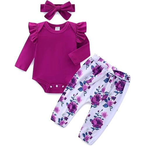 Newborn Baby Girl Outfits Clothes Cute Long Sleeve Ruffle Romper Floral Pants Headband Set 0~12M