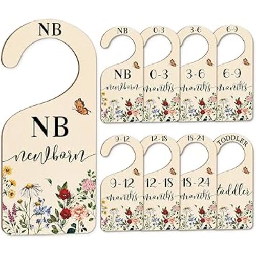 Whaline 8Pcs Vintage Wildflower Hanging Wood Baby Closet Size Dividers and Organizer - Newborn to 24 Months - Thicken Wardrobe Organizer for Home Nursery