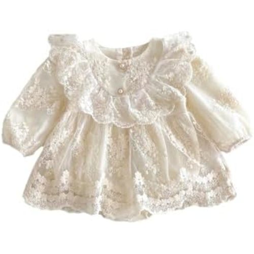 Baby Girl Vintage Romper Lace Embroidered Dress Long Sleeve Style for Newborn, Baptism Christening Outfit
