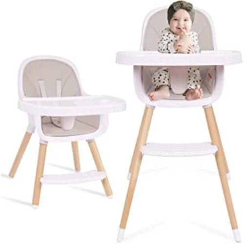 Baby High Chair, 3-in-1 Convertible Wooden High Chair with Adjustable Legs & Double Dishwasher Safe Tray, High Chairs for Babies and Toddlers, Made of Sleek Hardwood & Premium Leatherette