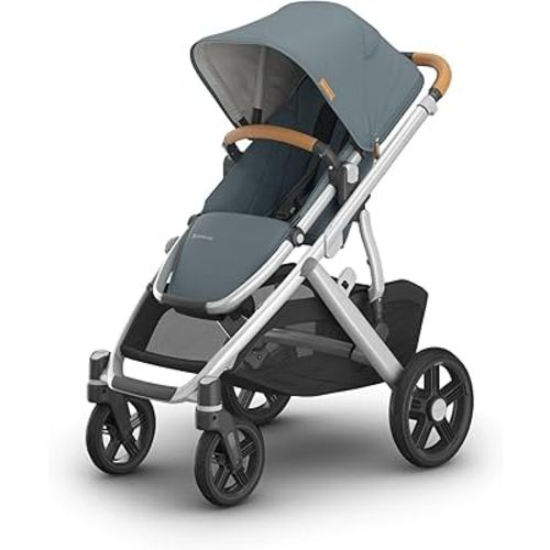 UPPAbaby Vista V3 Stroller - Full-Size Single-to-Double Stroller System - Toddler Seat, Bug Shield, Rain Shield, and Storage Bag Included - Callum (Stone Blue/Silver Frame/Sand Leather)
