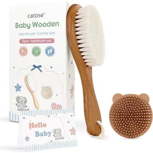 Baby Brush Comb Set, Goat Hair Bristles, Wooden Cradle Cap Brush,2PC