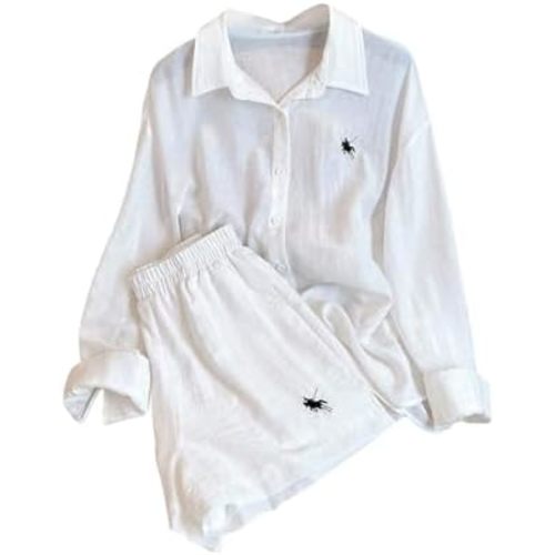 SweatyRocks Women's 2 Piece Outfits Button Down Long Sleeve Collared Shirts and Mini Shorts Set