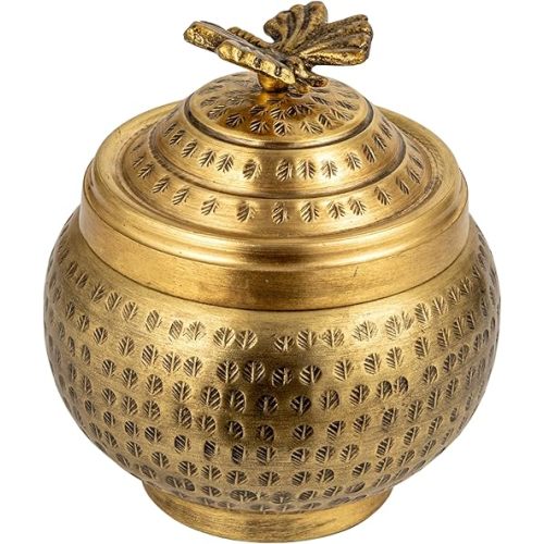 Creative Co-Op Round Hammered Metal Container with Butterfly Finial, Brass Finish