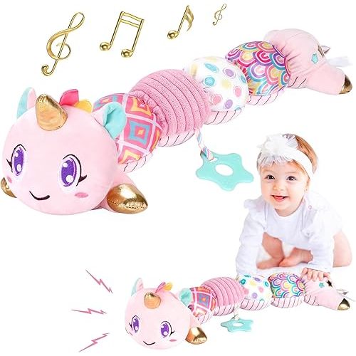 Juguetes de unicornio para bebés de 6 a 12 meses, juguetes musicales de peluche para bebés para el tiempo boca abajo, juguetes sensoriales para bebés con crujido y sonajero, de 0 a 3 a 6 a 12 meses
