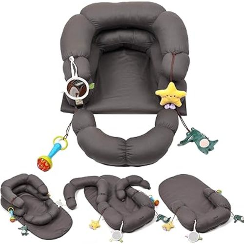2-in-1 Tummy Time Mat & Seated Support Cushion for Newborns and Older Babies - Baby Tummy Time Support Cushion with Detachable Cushion and Toys（Grey）