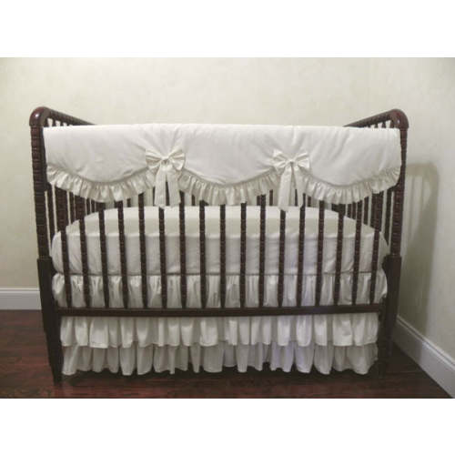 Ivory Girl Crib Bedding - Girl Baby Bedding, Scalloped Rail Cover, Tie - Just Baby Designs