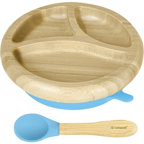 Abiie Octopod Bamboo Dish - Kids Plates for 4 months and up, 3-Compartment Baby Plates with Suction, Round Bamboo Baby Plate, Mess-Free Toddler Suction Plates, Baby Feeding Supplies, 7.5 x 7.5 x 1.9in