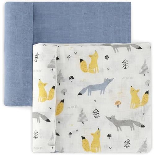 Featherhead™ 100% Cotton Muslin Swaddle Blankets for Baby Boy - Large 47”x 47” - Pre-Washed, Soft, & Breathable - Newborn Essential & Perfect Baby Registry Gift (2 Pack - Blue Foxes)