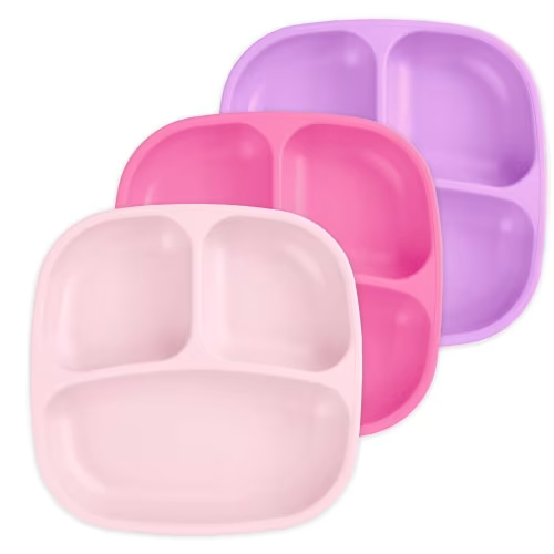 Re-Play Toddler Plates with Dividers - Deep-Walled 3 Compartments Divided Plates for Kids - Dishwasher & Microwave Safe - Made in USA - Set of 3 - Pixel Blush