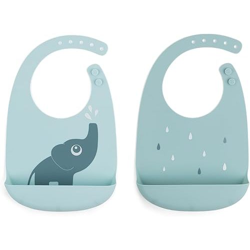 Done by Deer Elphee Blue Silicone Bib 2-Pack - Waterproof, Adjustable, Easy Clean Bibs with Large Pocket