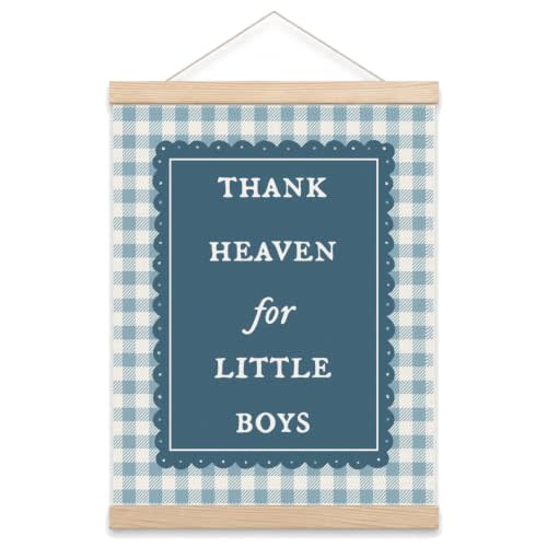 GFDIQ Blue Gingham Plaid Boys Nursery Wall Art Decor, Thank Heaven for Little Boys Checkered Poster Hanger Frame for Kids Toddler Bedroom Nursery Playroom Wall Decor, 12x16 Inch