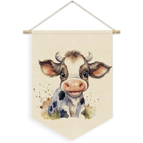 Cow Nursery Linen Canvas Banner, Farm Animal Cow Wall Hanging Pennant Flag Banner for Kids Nursery Boys Girls Toddler Room Bedroom Playroom Decor, 15x11in