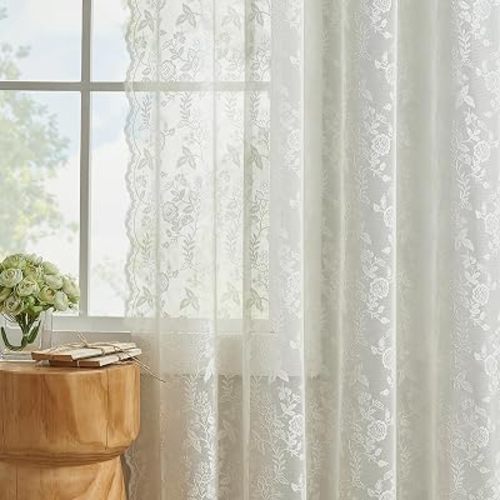 FINECITY Ivory Floral Lace Curtains for Bedroom 42 x 63 Inch, 2 Panels