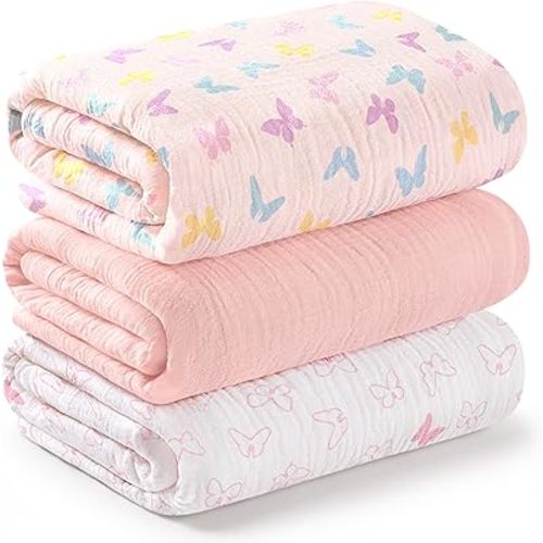 3-Pack Muslin Swaddle Blankets for Newborns Boy,Girl – 47x47 Large Cotton Muslin Baby Blanket, Nursery Swaddling, Neutral, Soft, Breathable, Light Infant Baby Receiving Cover (Flutter, Regular)