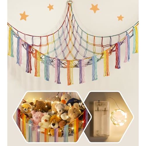 RelaxScene Stuffed Animal Hammock Corner with LED Light - Toy Storage Hammock Plushie Net Large - Cute Stuff Animals Holder Hanging Organizer - Baby Room Rainbow Decor Kids Toddler Nursery Bedroom