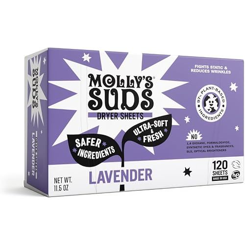 Molly's Suds Fabric Softener Dryer Sheets for Sensitive Skin | Plant-Based Static Reducer, Plastic-Free Packaging | Lavender (120 Sheets)