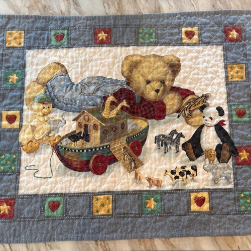 Blue Jean Teddy Crib Quilt  Baby Blanket Noah's Ark Vintage 1990s Comforter