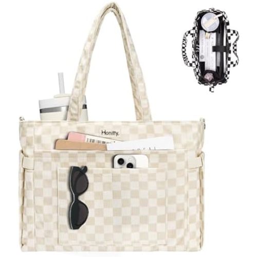 honitty Corduroy Tote Bag for Women,Checkered Shoulder Bag,17 Pocket Laptop Work Crossbody Handbag for Travel with Cup Pocket