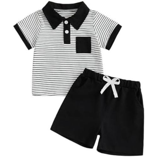 Toddler Boy Summer Clothes Striped Short Sleeve Button Shirt Tops Solid Shorts Set 2Pcs Casual Outfit with Pockets