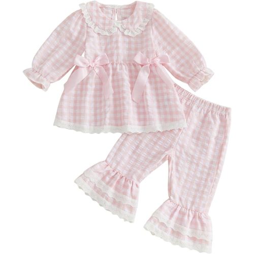 MoZiKQin Toddler Baby Girl Fall Clothes Lace Hem Doll Collar Plaid Shirt and Flare Pants Set Bell Bottom Outfits for Girls
