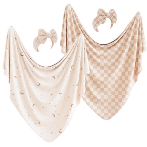 Konssy 2-Pack Stretchy Swaddle Blankets, Baby Receiving Blankets, 41"x41" | Snug & Easy to Wrap, Lightweight & Cozy, for Swaddling, Receiving & Stroller, Headbands for First Photos (Moon, Coffee Check)
