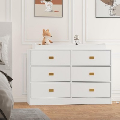 6-Drawer Baby Changing Table Dresser, with Removable Top, Changing Pad & Built-in Power Outlets, Versatile Diaper Changing Station for Bedroom White