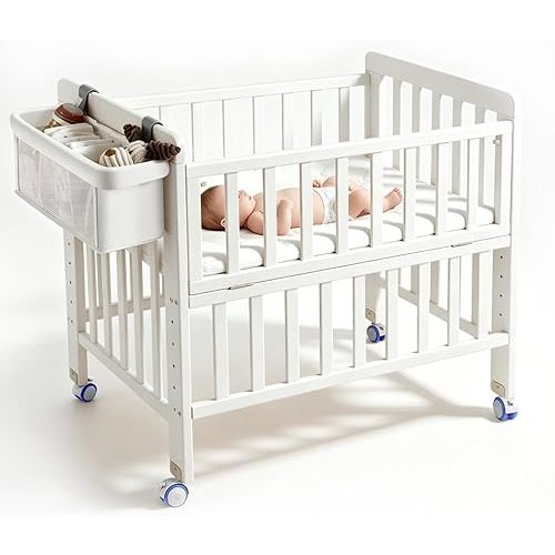 Wood Baby Bassinets Bedside Sleeper, Mini Crib with Storage Basket&Mattress