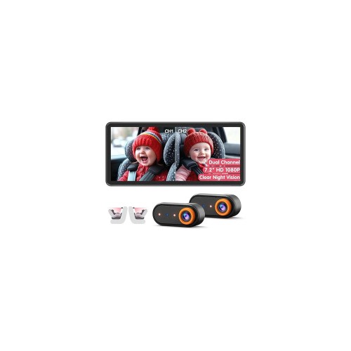 Baby Car Camera for 2 Kids, Dual Channel with 7.2" 1080P Crystal Clear Display, Easily Install Backseat Mirror with 2 IR Night Vision Cameras, Safety Car Baby Camera for Rear Facing