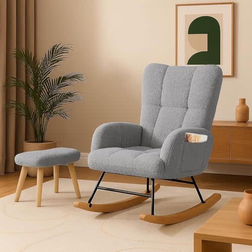 COMHOMA Nursery Rocking Chair with Ottoman,Teddy Upholstered Glider Rocker | High Backrest Accent Reading Chair with Pockets for Living Room,Bedroom