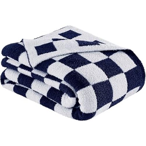 Checkered Throw Blanket Dark Blue Knitted Plaid Blanket 50x70 inches