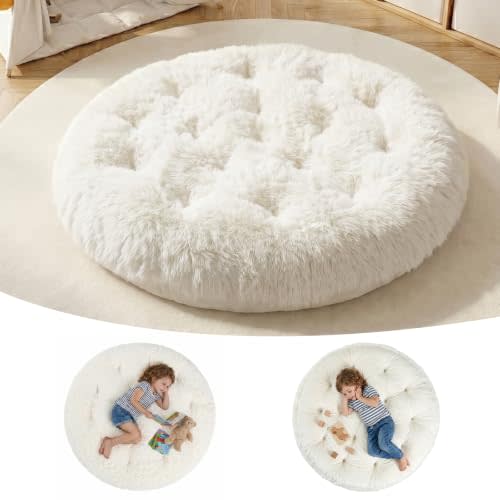 blue page Round Kids Play Mat 5.9 in Thick, Reversible Circle Nursery Rug | Large Circular Playmat for Ages 3+, Comfy Plush Round Floor Rug for Nursery Playroom Reading Corner, 47x47 In Beige